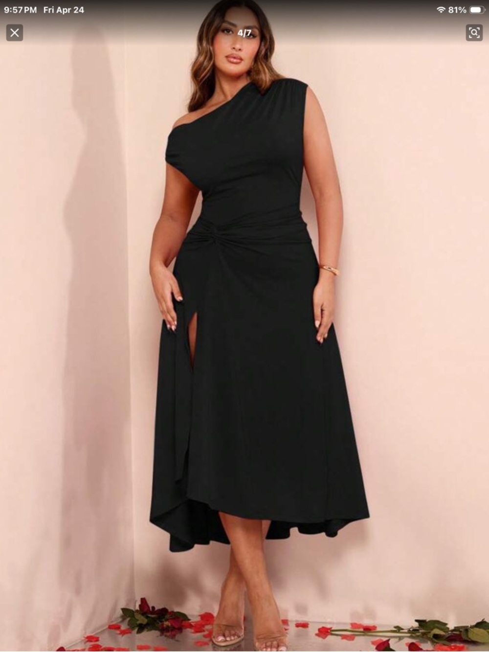 One-Shoulder Black Midi Dress with Twist Waist